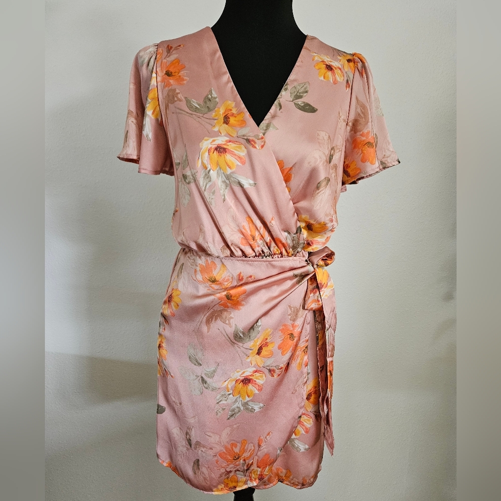 NWT Peach Love Satin Wrap Mini Dress - small